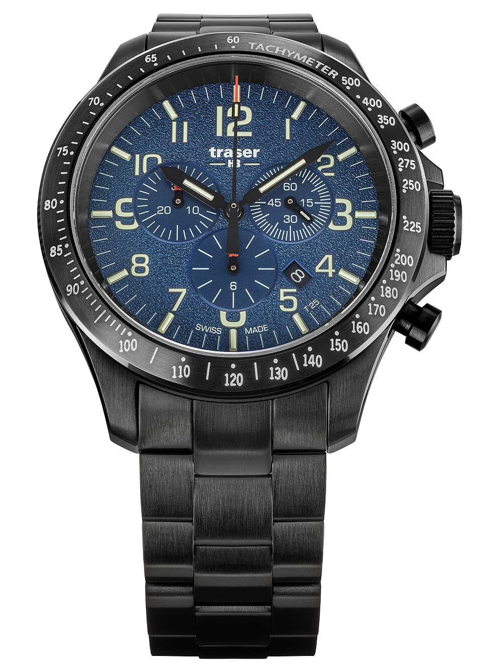 Мужские наручные часы с черным браслетом Traser H3 109462 P67 Officer chrono blue steel 46mm 10ATM
