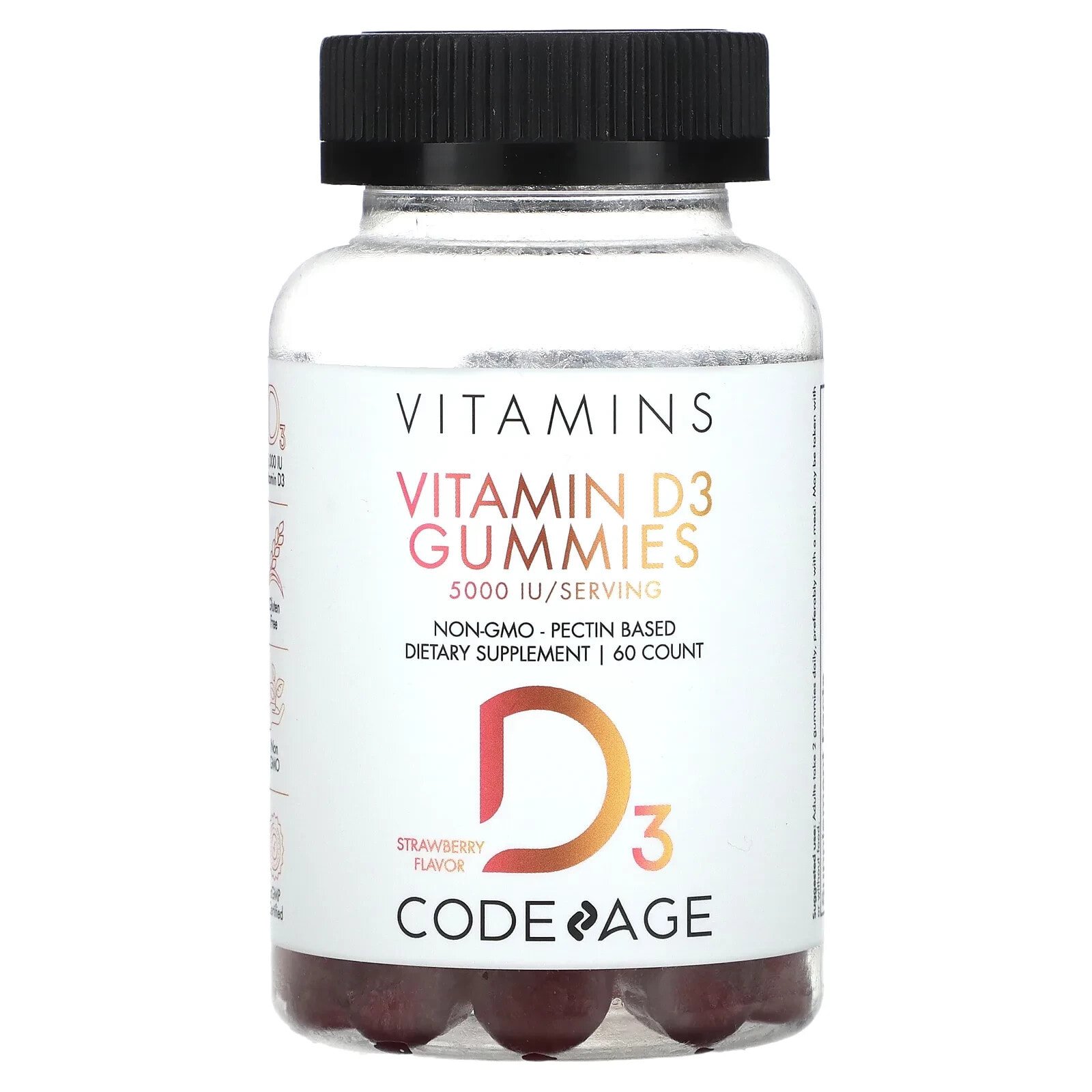 Codeage, Жевательные мармеладки с витамином D3, клубника, 60 жевательных таблеток