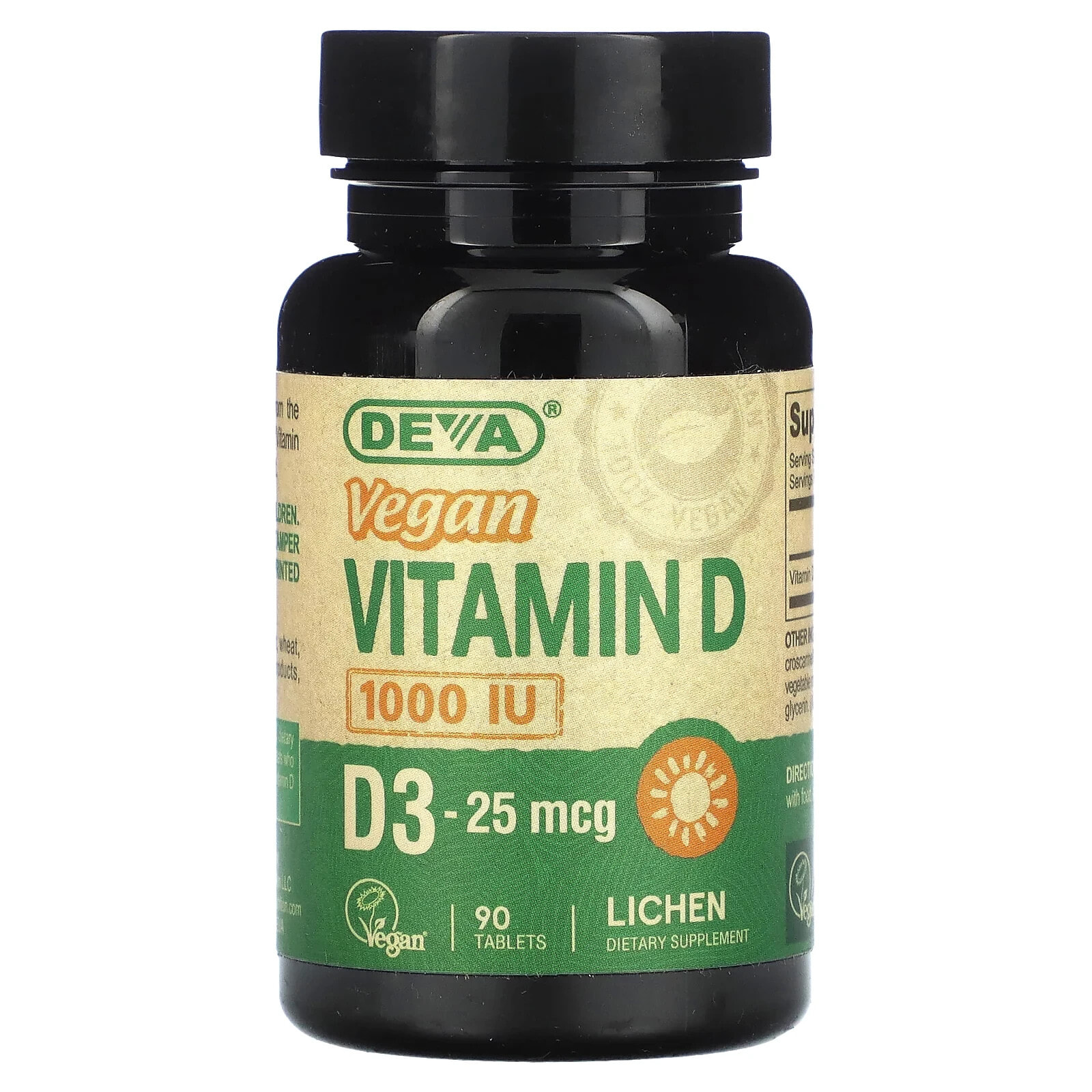 Deva, веганский витамин D, D3, 25 мкг (1000 МЕ), 90 таблеток