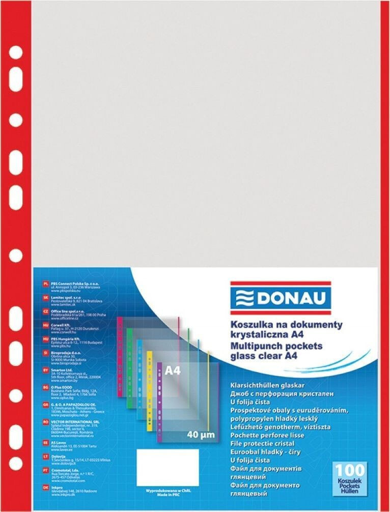 Школьный файл или папка Donau Koszulki na dokumenty PP, A4, krystal, 40mikr, kolorowy brzeg - czerwony, 100szt.