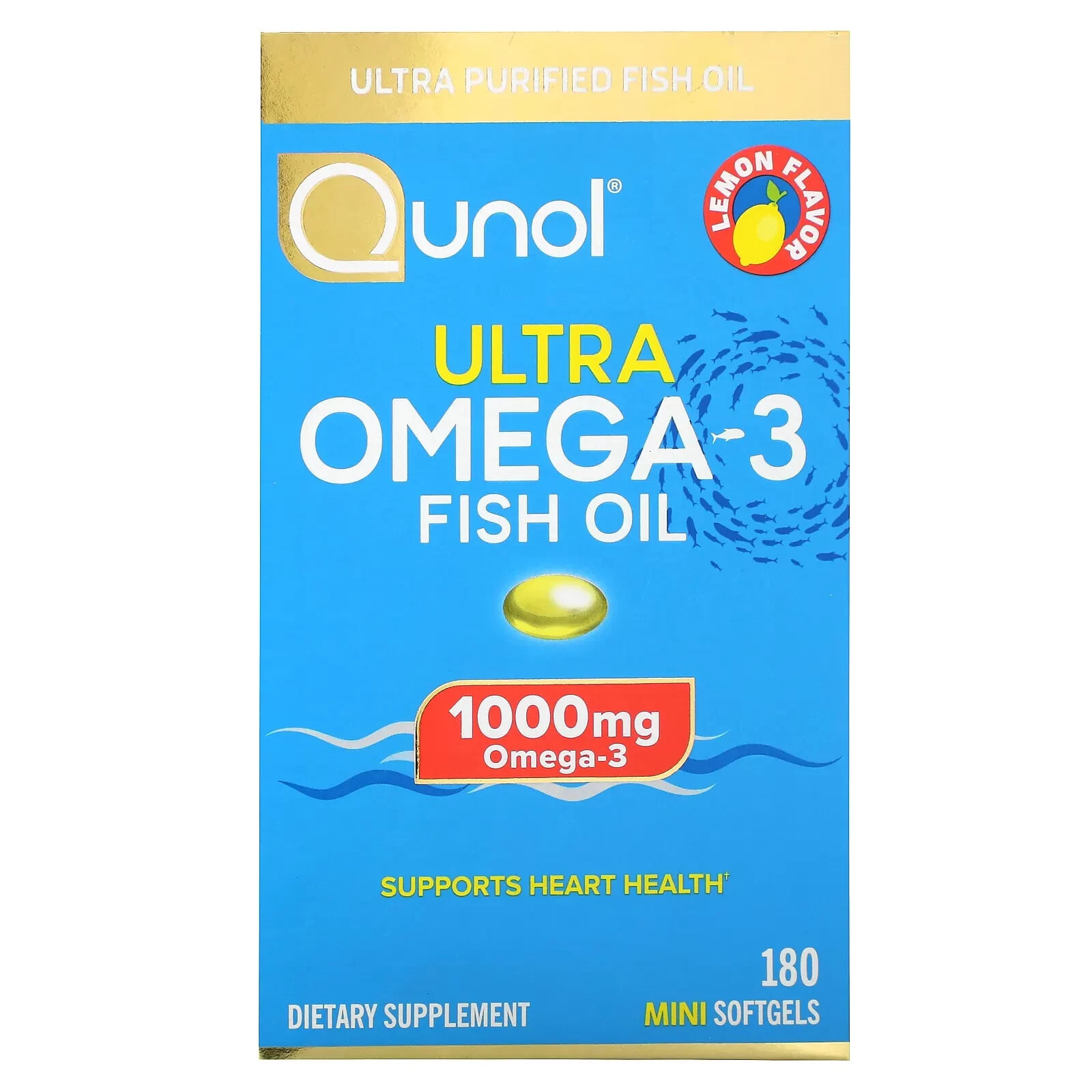 Qunol, Рыбий жир с омега-3 Ultra, лимон, 500 мг, 180 капсул