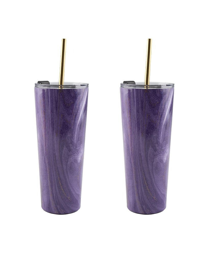 Cambridge 24 Oz Geode Decal Stainless Steel Tumblers with Straw, Pack of 2
