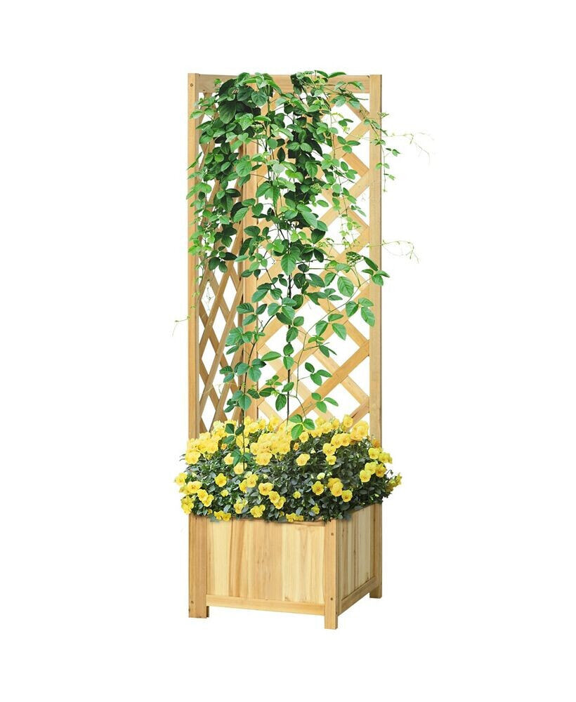 Outsunny wooden Planter with Trellis, Rustic Corner Raised Garden Bed for Vine Climbing and Vegetables, Herbs, and Flowers Growing, Backyard, Patio, Deck