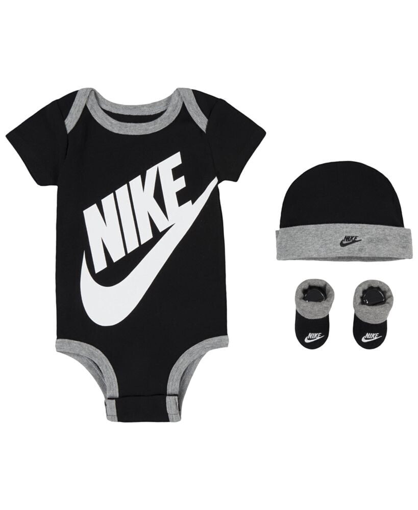 Nike baby Boys or Baby Girls Futura Logo Bodysuit, Beanie, and Booties, 3 Piece Gift Box Set