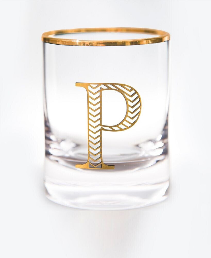 Qualia Glass monogram Rim and Letter P Double Old Fashioned Glasses, Set Of 4