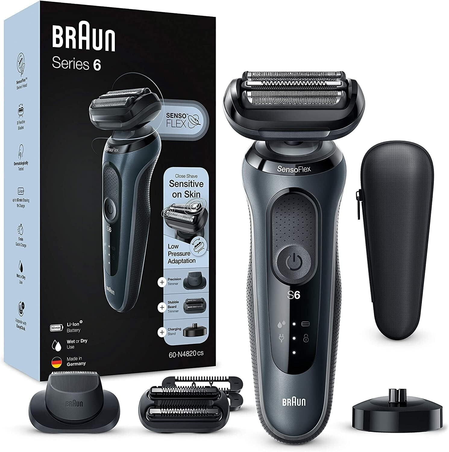 Braun Series 6 60-N4820cs Electric Shaver for Men with Charging Stand, 2 EasyClick Attachments, Grey