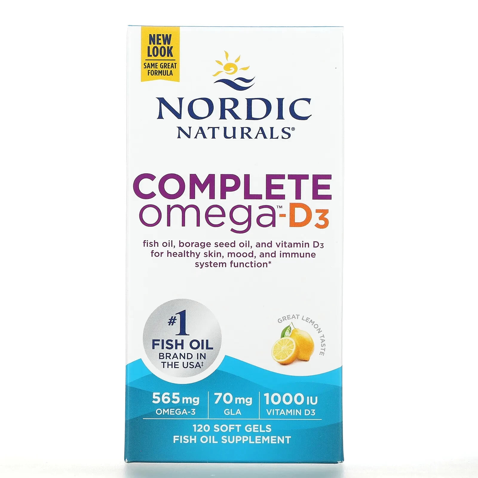 Нордик Натуралс, Полный комплекс Омега-D3, лимон, 500 мг, 120 капсул