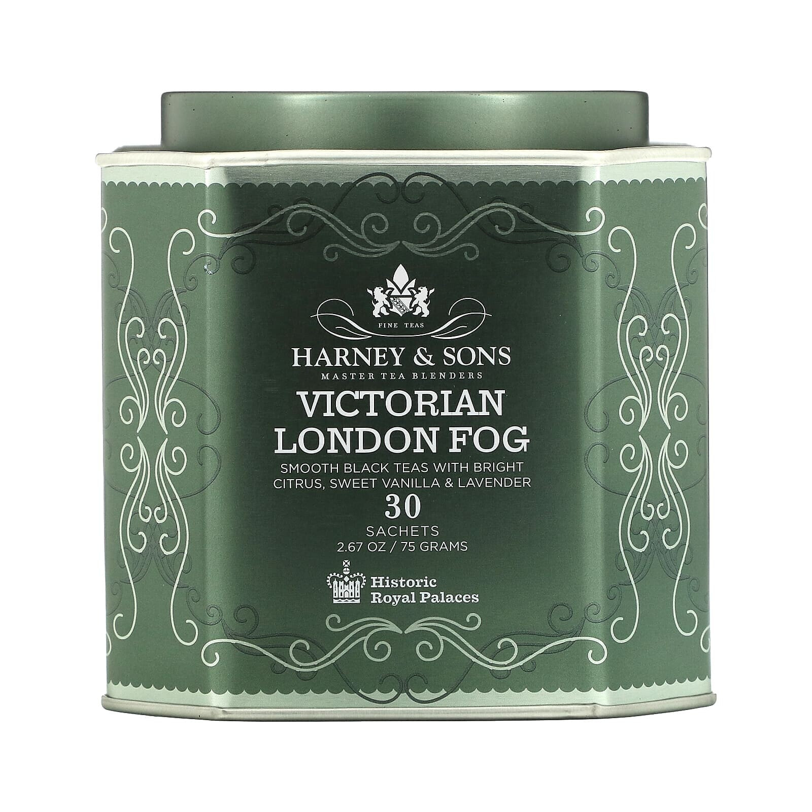 Harney & Sons, Victorian London Fog, мягкий черный чай с яркими цитрусовыми, сладкой ванилью и лавандой, 30 пакетиков, 75 г (2,67 унции)