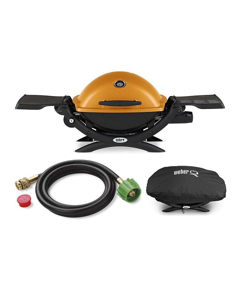 Weber q1200 Liquid Propane Grill (Orange) With Adapter Hose And Grill Cover