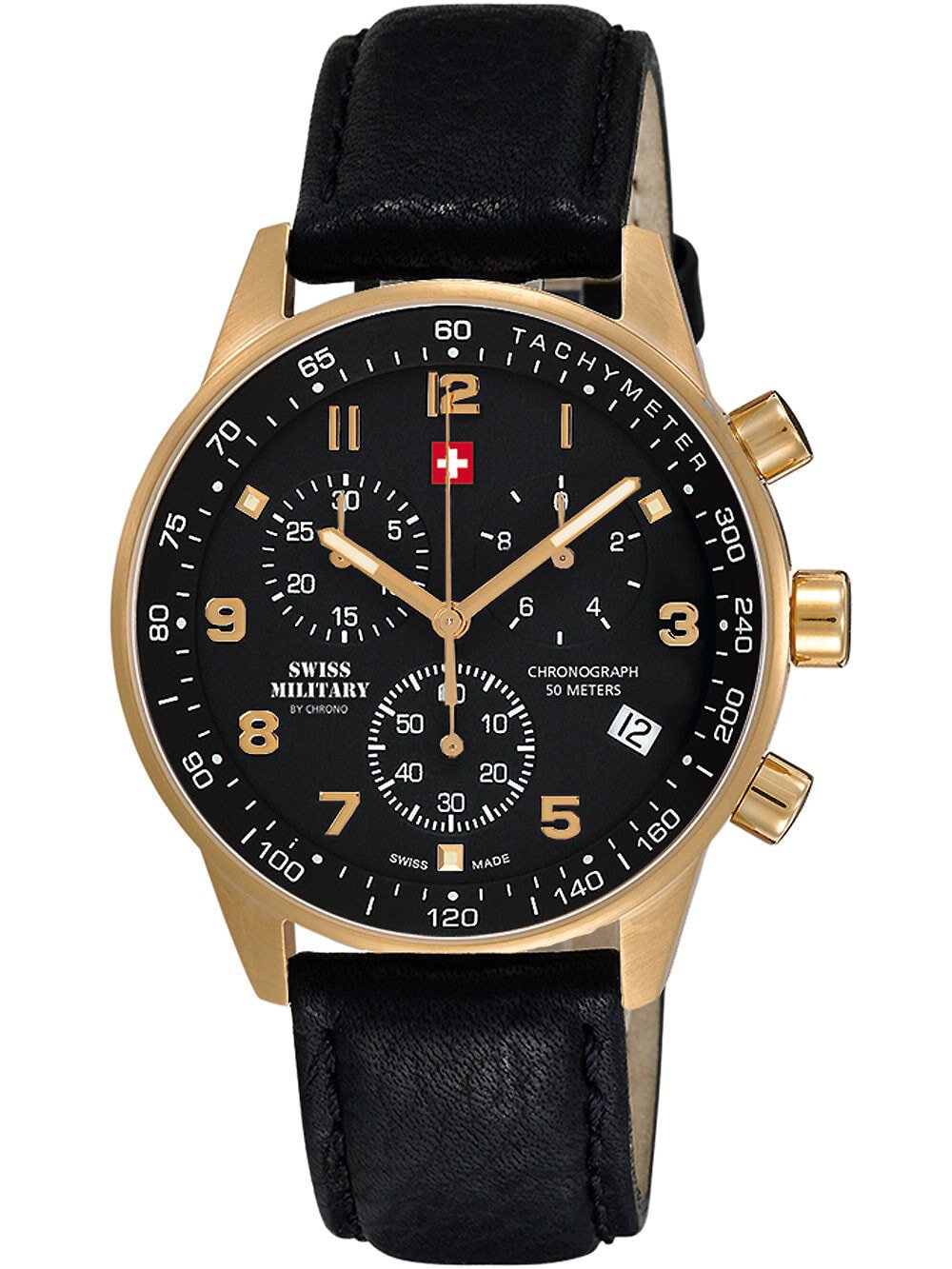 Мужские наручные часы с черным кожаным ремешком Swiss Military SM34012.10 Chronograph 41mm 5 ATM