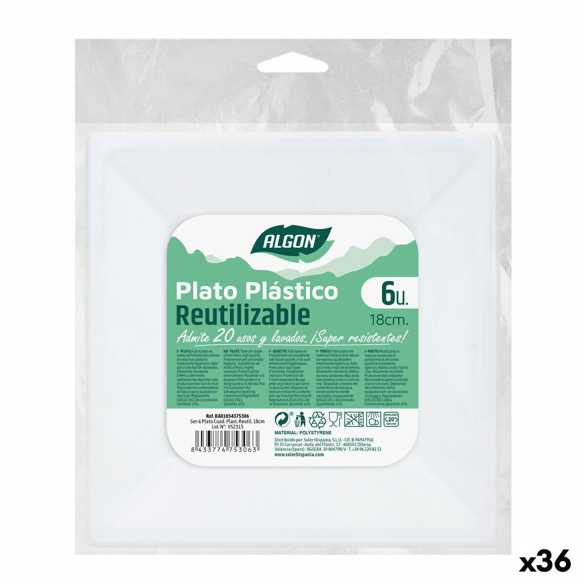 Set of reusable plates Algon Squared Plastic 18 x 18 x 2 cm (36 Units)