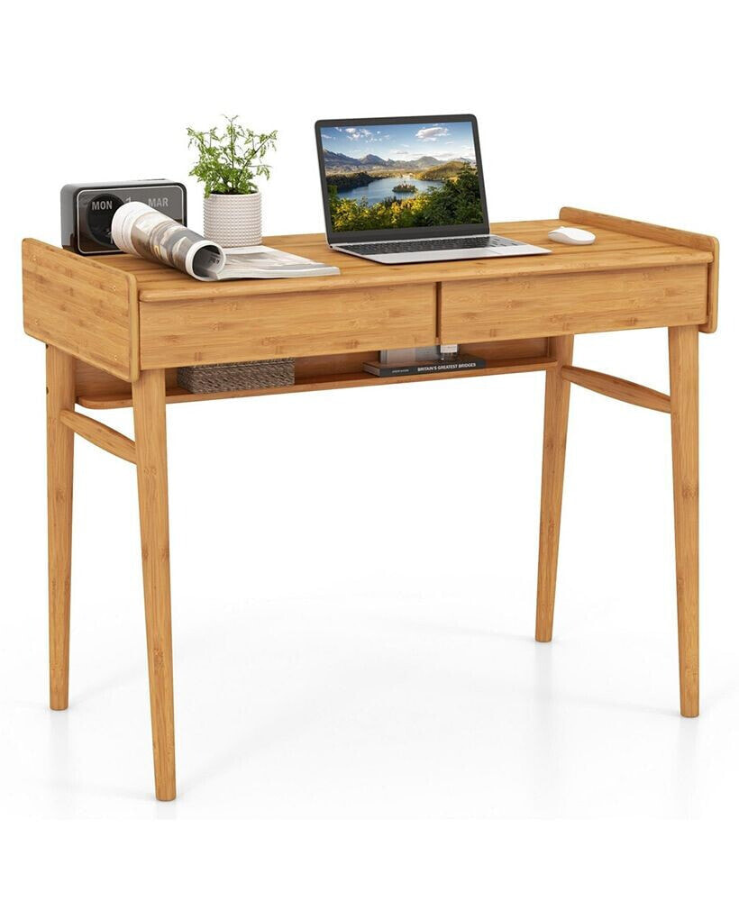 Costway bamboo Writing Desk 39.5'' Computer Study Desk with 2 Storage Drawers & Open Shelf