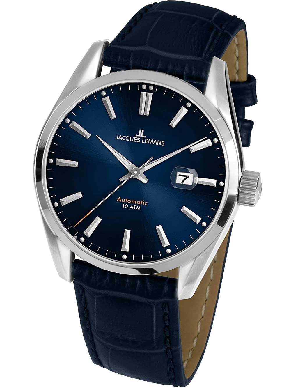 Мужские наручные часы с синим кожаным ремешком Jacques Lemans 1-1846.1B Derby automatic 43 mm 10ATM