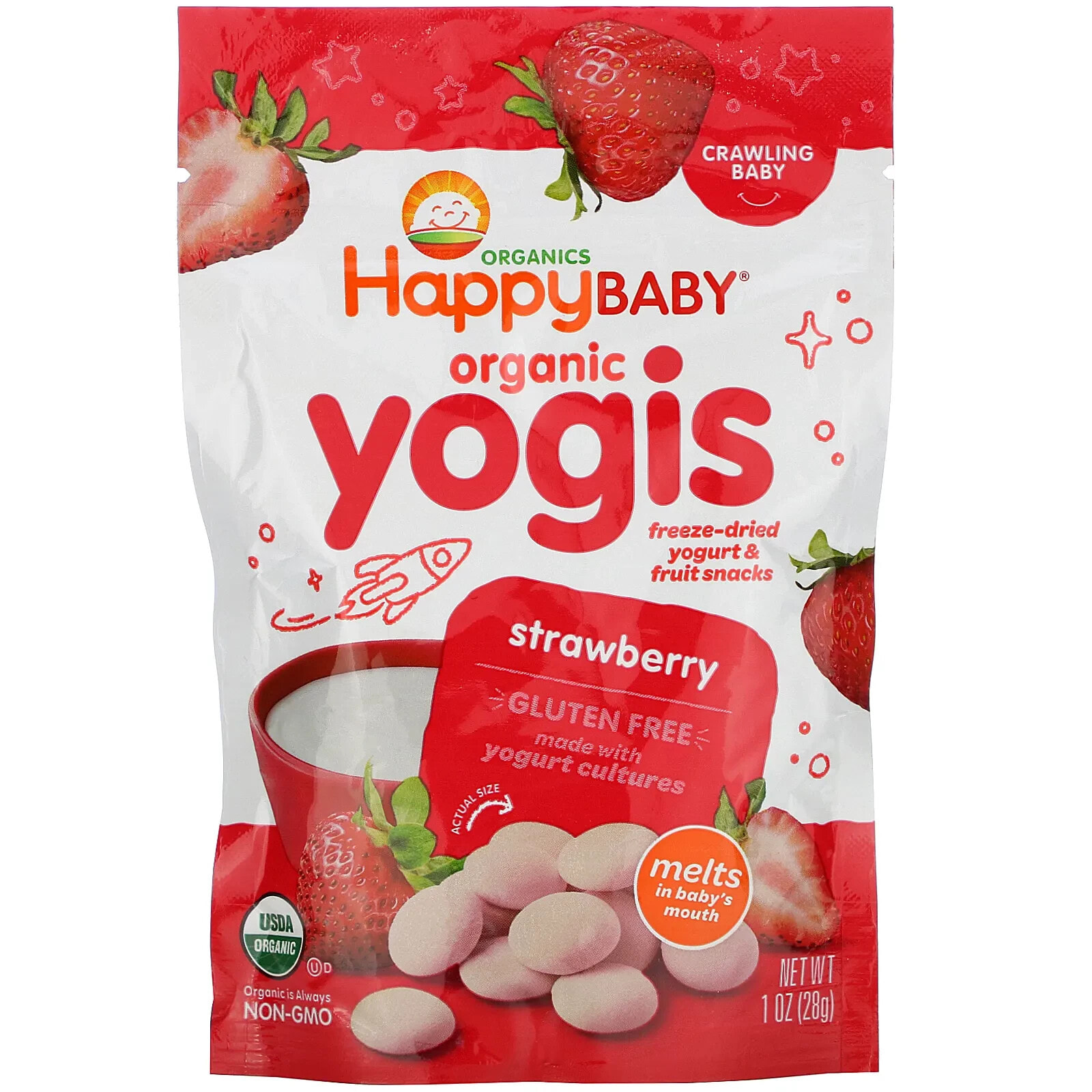 Happy Baby, Organic Yogis, Freeze Dried Yogurt & Fruit Snacks, Strawberry, 1 oz (28 g)