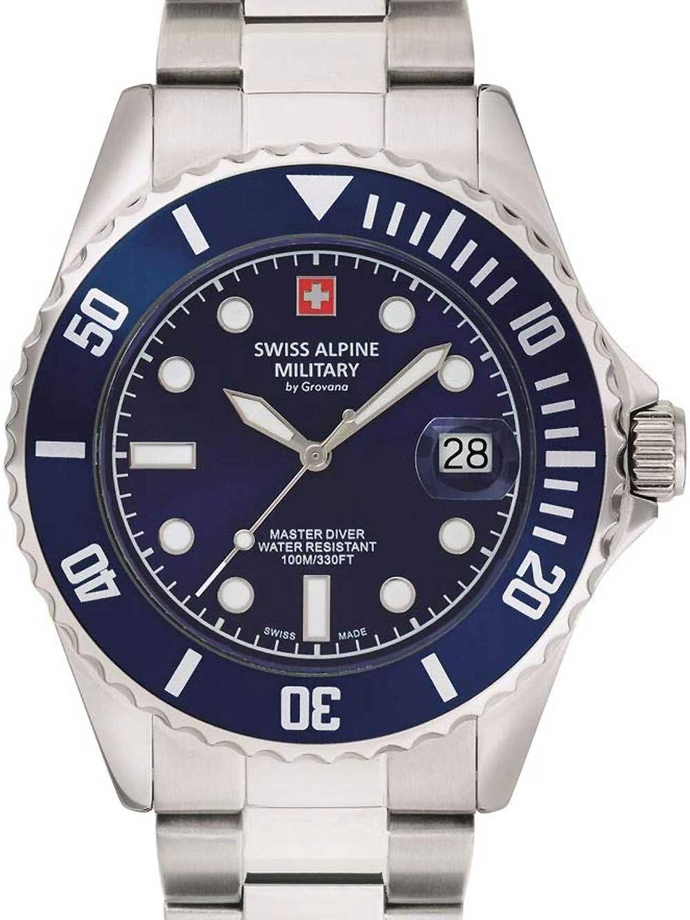 Мужские наручные часы с серебряным браслетом Swiss Alpine Military 7053.1135 diver 42mm 10ATM