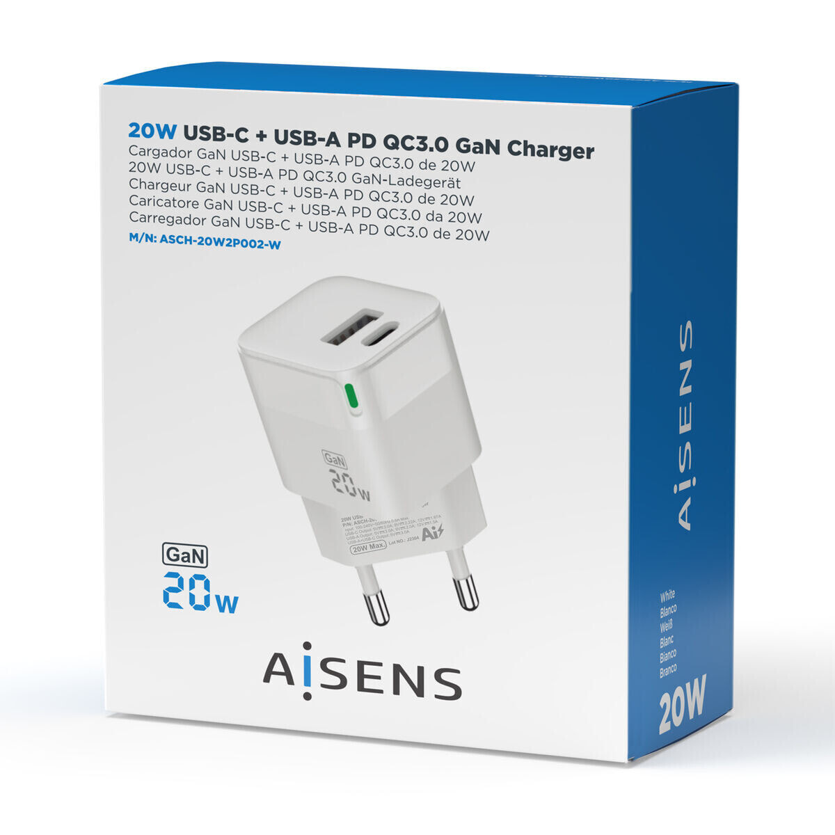 AISENS ASCH-20W2P002-W зарядное устройство для мобильных устройств Универсальная Белый Кабель переменного тока Быстрая зарядка Для помещений