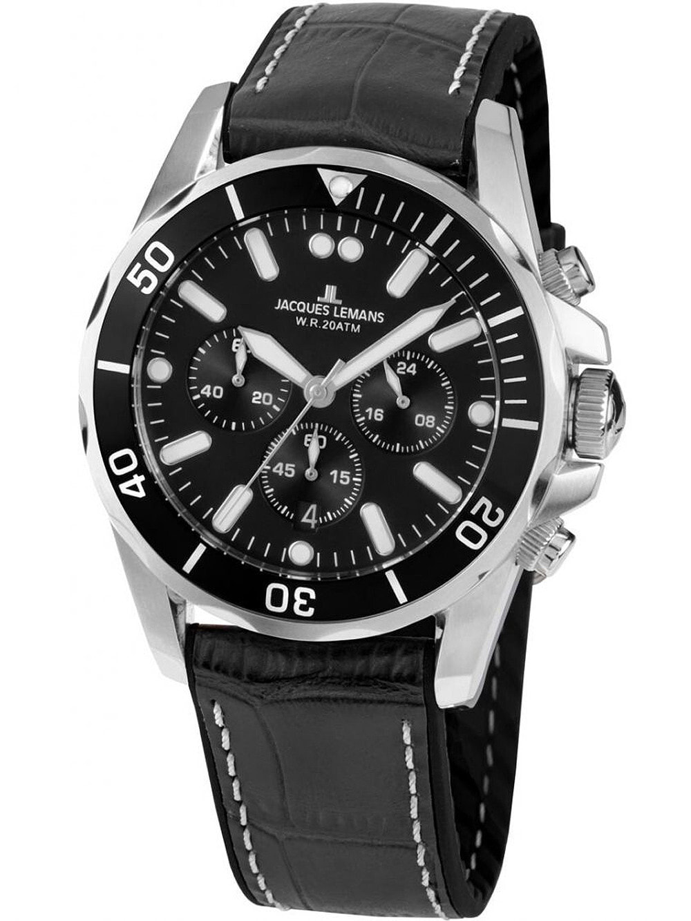 Мужские наручные часы с черным кожаным ремешком Jacques Lemans 1-2091A Liverpool chrono 43mm 20ATM