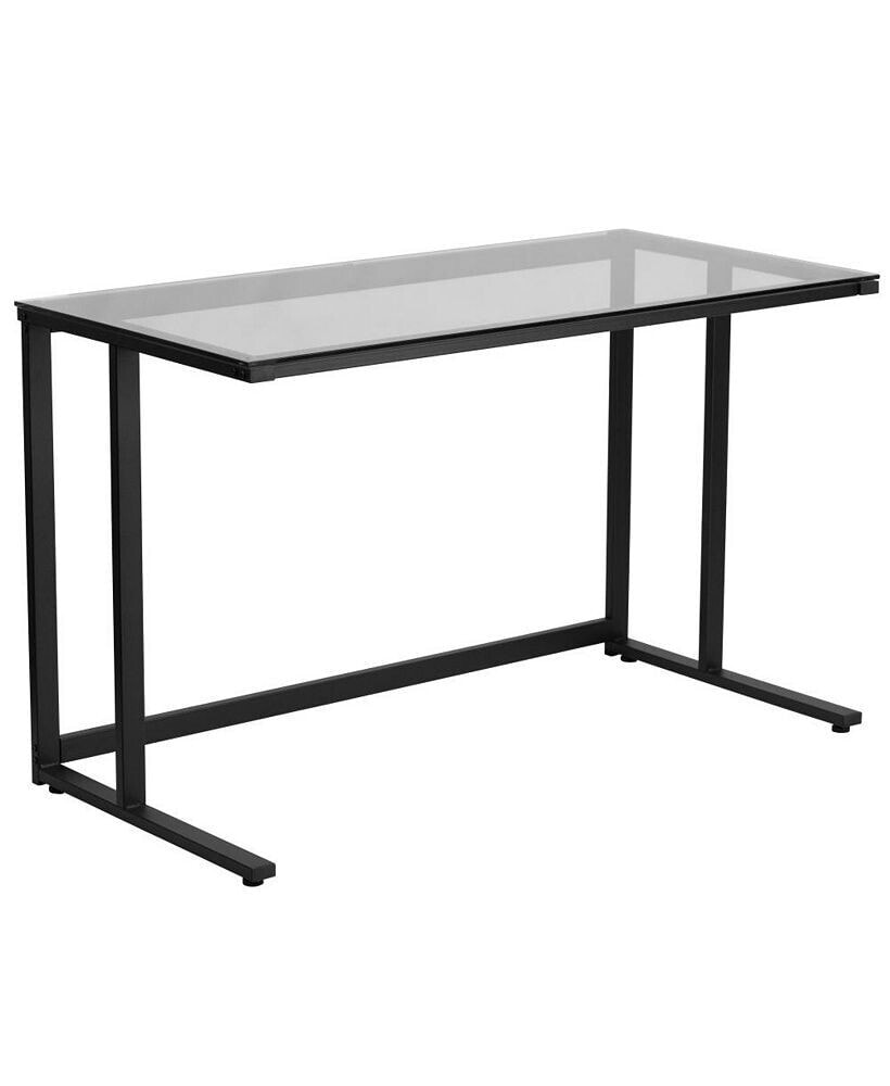 EMMA+OLIVER glass Top Desk With Pedestal Metal Frame - Home Office Furniture