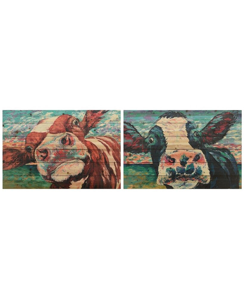 Empire Art Direct curious Cow 1 and 2 Arte de Legno Digital Print on Solid Wood Wall Art, 24
