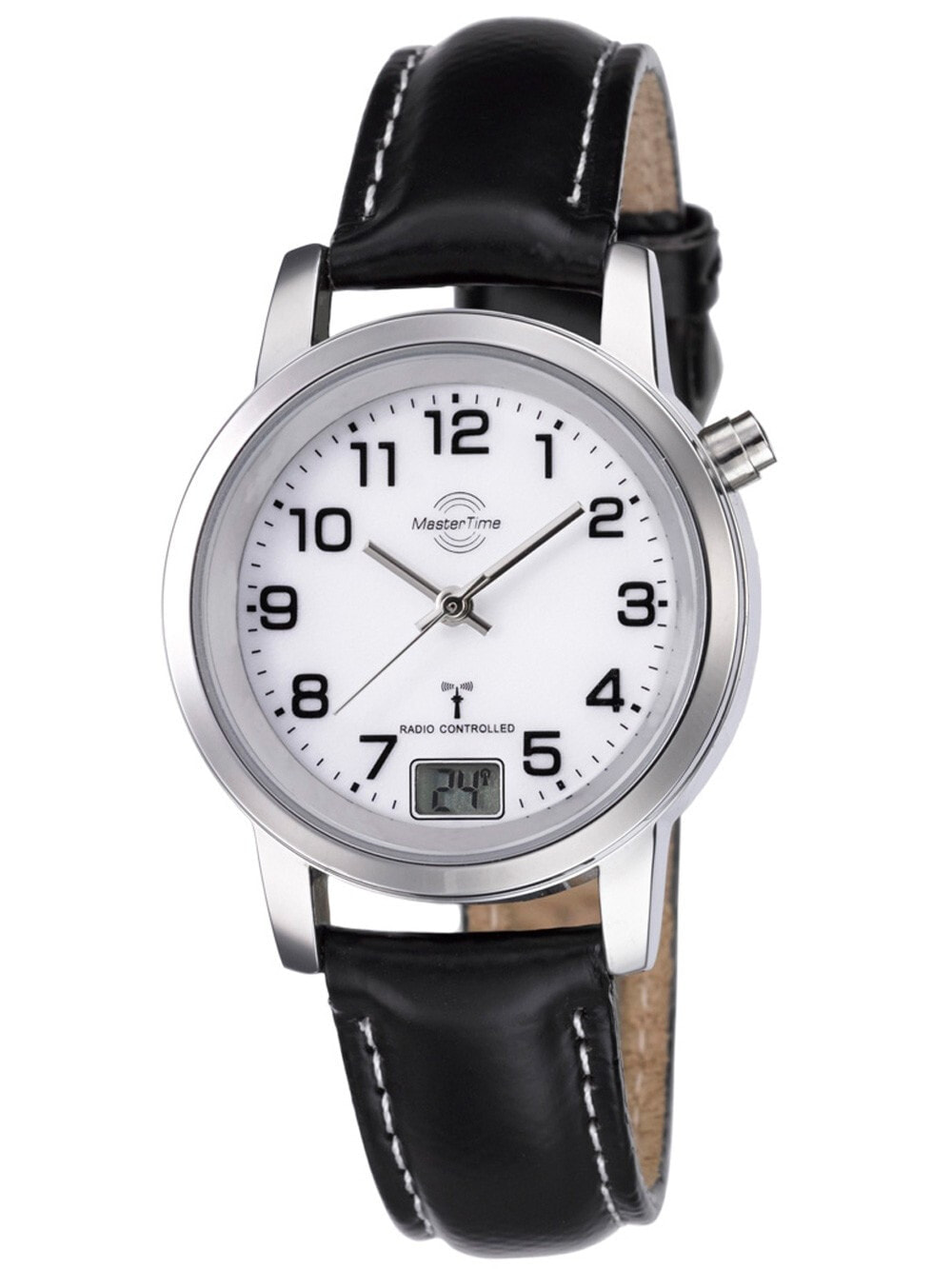 Женские наручные кварцевые часы MASTER TIME с арабскими цифрами, ремешком из нержавеющей стали и цифровым дисплеем даты. Часы водонепроницаемы до 3 бар.
