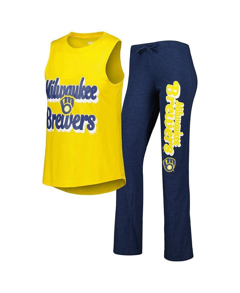 Women's Navy, Gold Milwaukee Brewers Wordmark Meter Muscle Tank Top and Pants Sleep Set