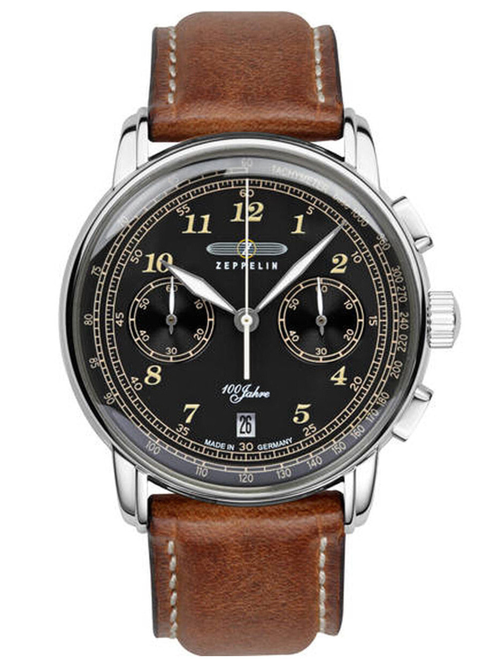 Мужские наручные часы с коричневым кожаным ремешком Zeppelin 7674-3 LZ-127 Chronograph 43mm 5ATM