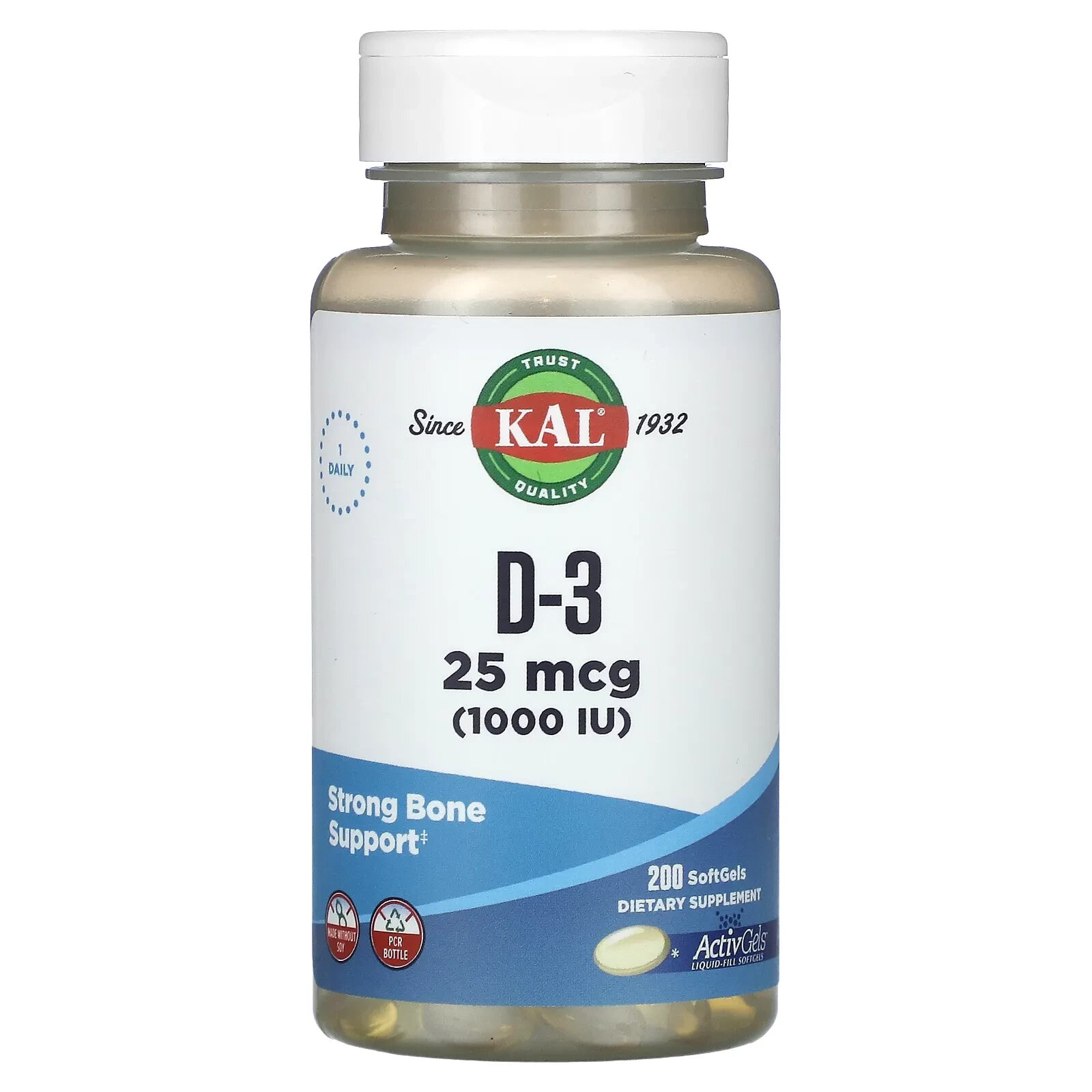 KAL, D-3, 25 мкг (1000 МЕ), 100 мягких таблеток