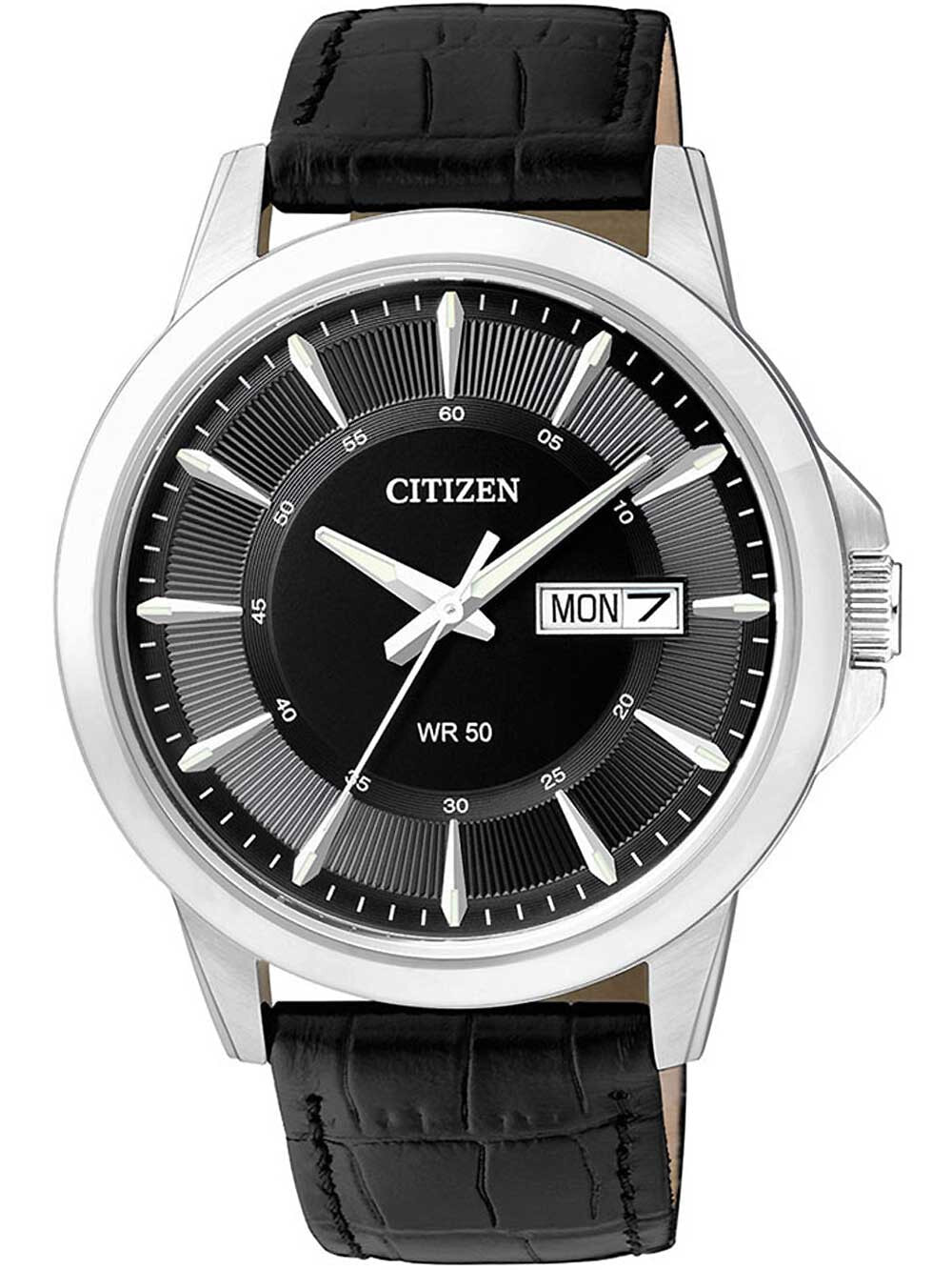 Мужские наручные часы с черным кожаным ремешком Citizen BF2011-01E quartz day-date mens 41mm 5ATM