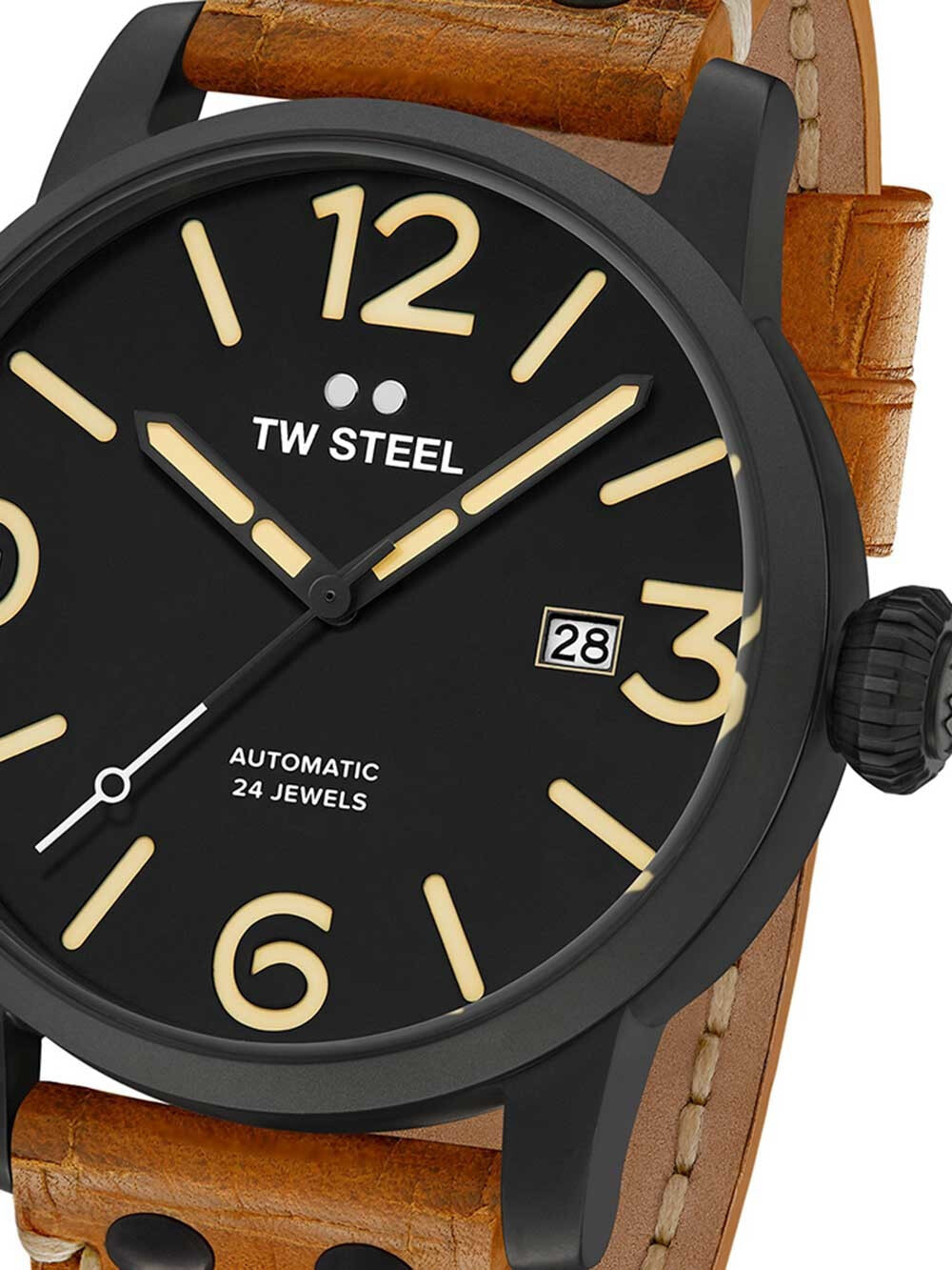 Мужские наручные часы с коричневым кожаным ремешком TW Steel MS36 Maverick Automatic 48mm 10 ATM