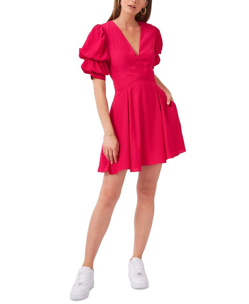 1.STATE women's V-Neck Tiered Bubble Puff Sleeve Mini Dress