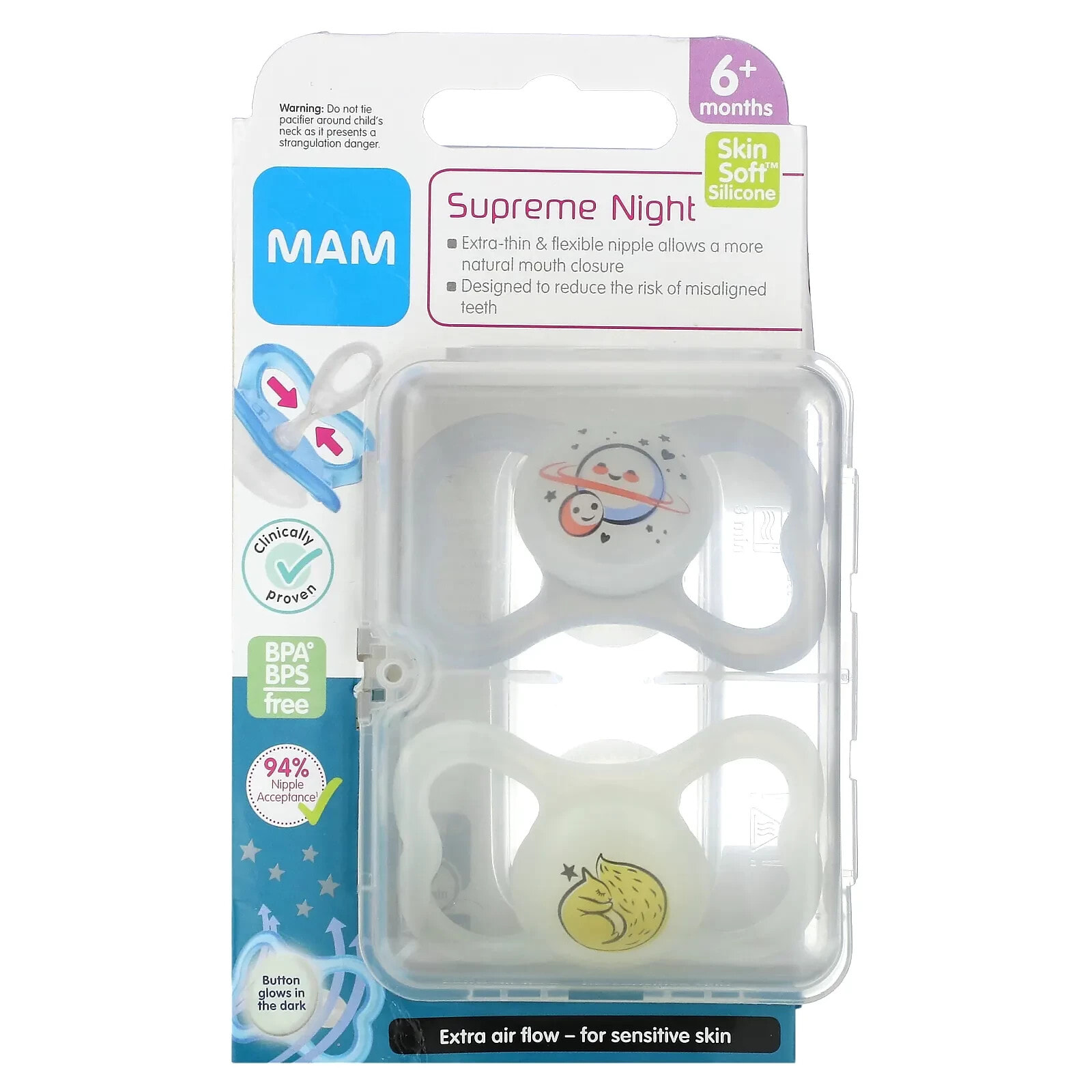MAM, Ночная соска Supreme, для детей от 6 месяцев, прозрачная, 2 штуки