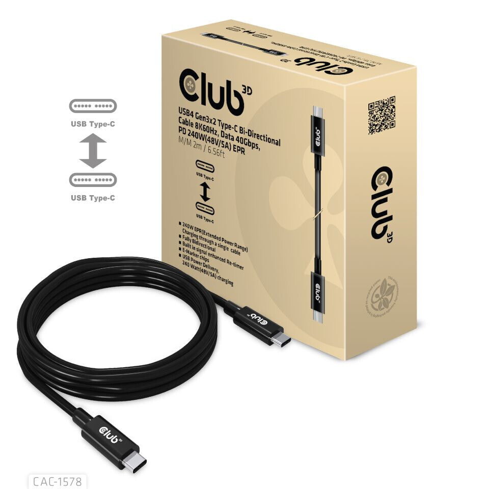 CLUB3D CAC-1578 USB кабель 2 m USB4 Gen 3x2 USB C Черный