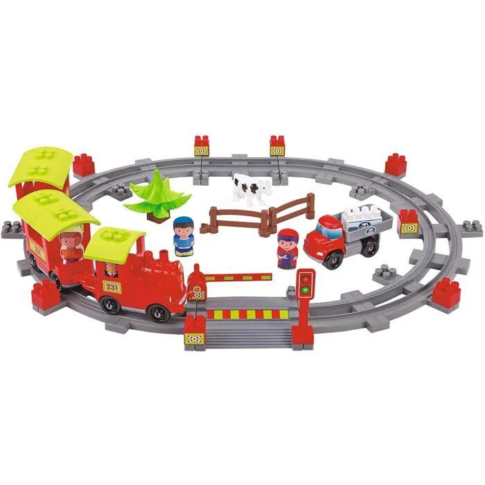 Игровой набор Ecoiffier локомотив и 2 вагона, 4 персонажа, грузовик, 2 барьера, корову, дерево и кирпичи