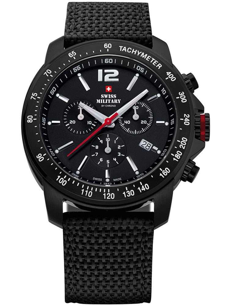 Мужские наручные часы с текстильным черным ремешком Swiss Military SM34033.06 Chronograph 42mm 10 ATM
