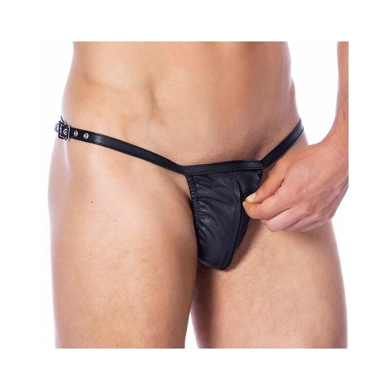 Эротическое белье BONDAGE PLAY Leather Adjustable G-string with Zipper One Size