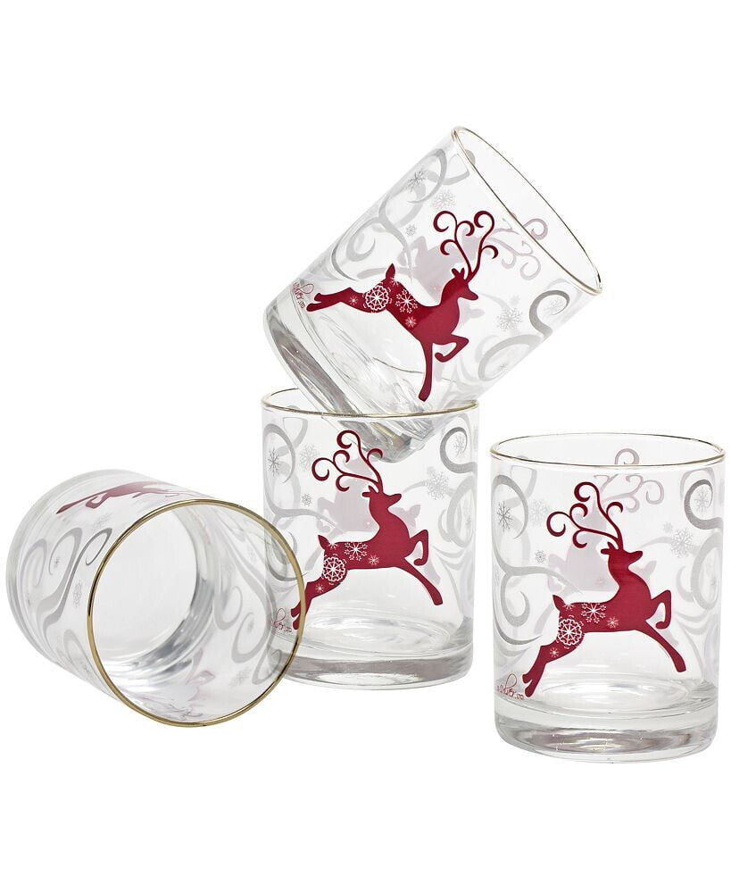 Culver 14-Ounce 22 Carat Gold-Tone Rim DOF (Double Old Fashioned) Glass Set of 4 - Reindeer Swirl