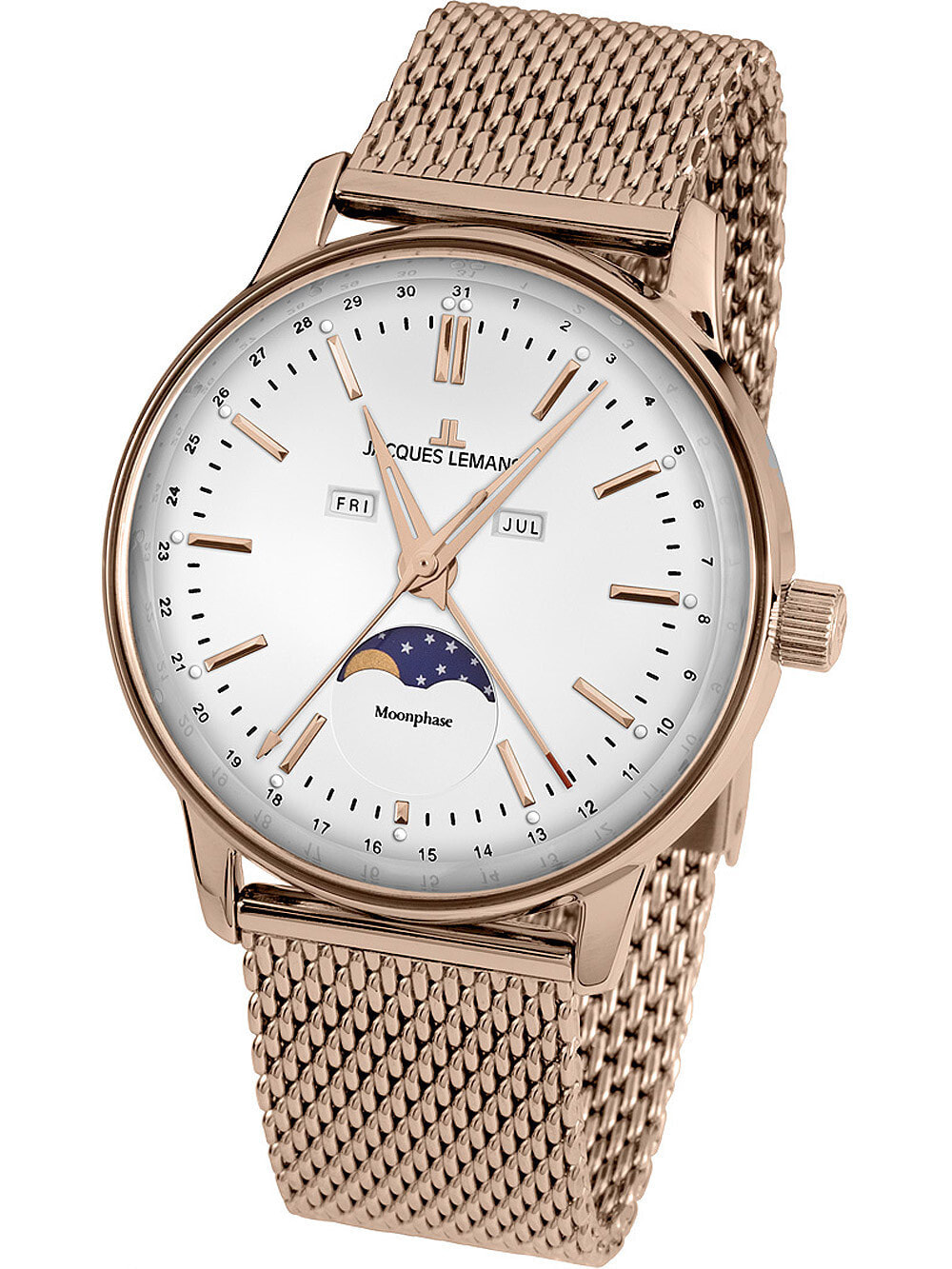 Женские наручные кварцевые часы Jacques Lemans сделан из нержавеющей стали с PVD-покрытием из золота розового оттенка. Ремешок черного цвета выполнен из натуральной кожи с застежкой-пряжкой.