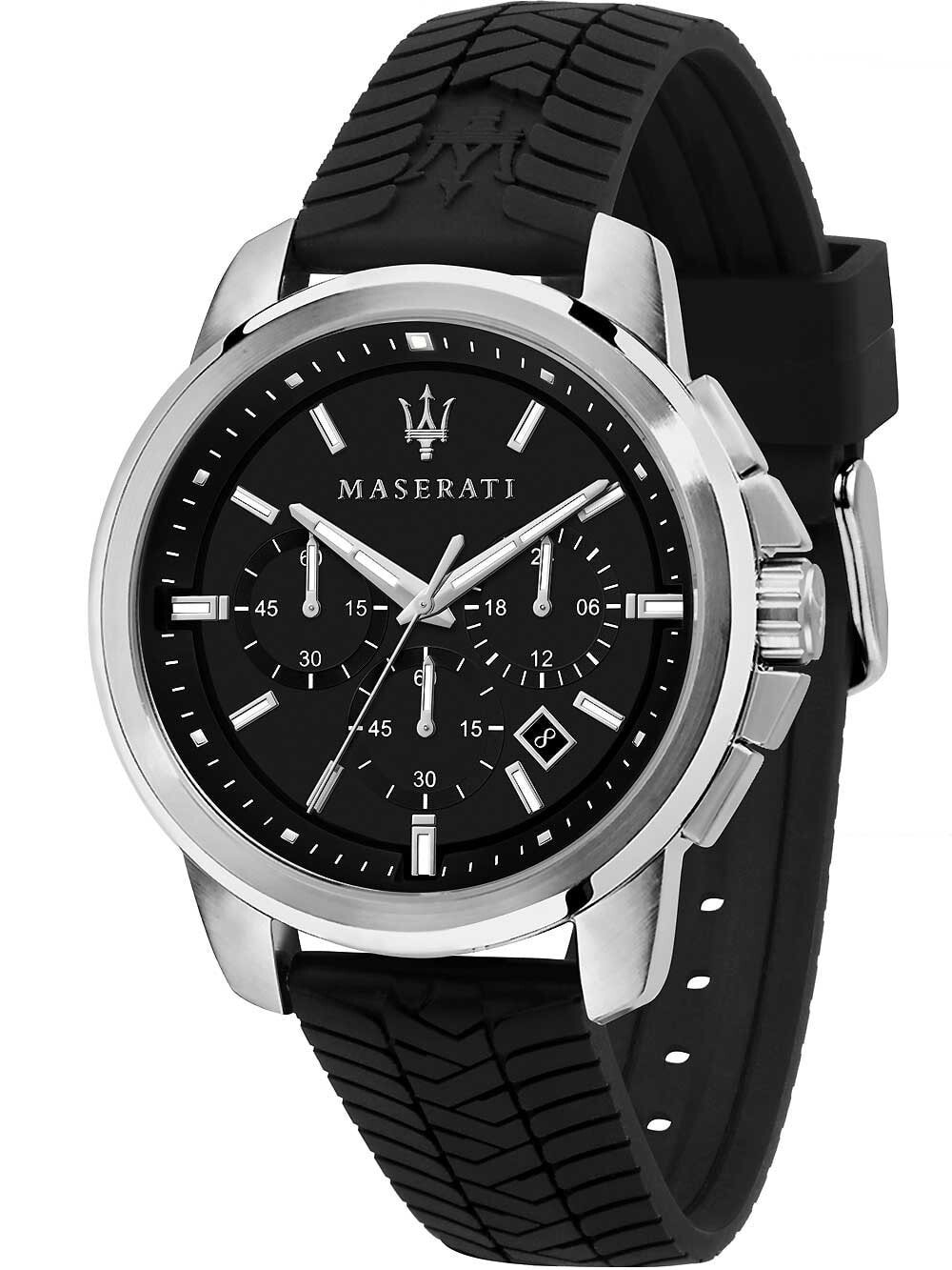 Мужские наручные часы с черным силиконовым ремешком  Maserati R8871621014 Successo chronograph 44mm 5ATM