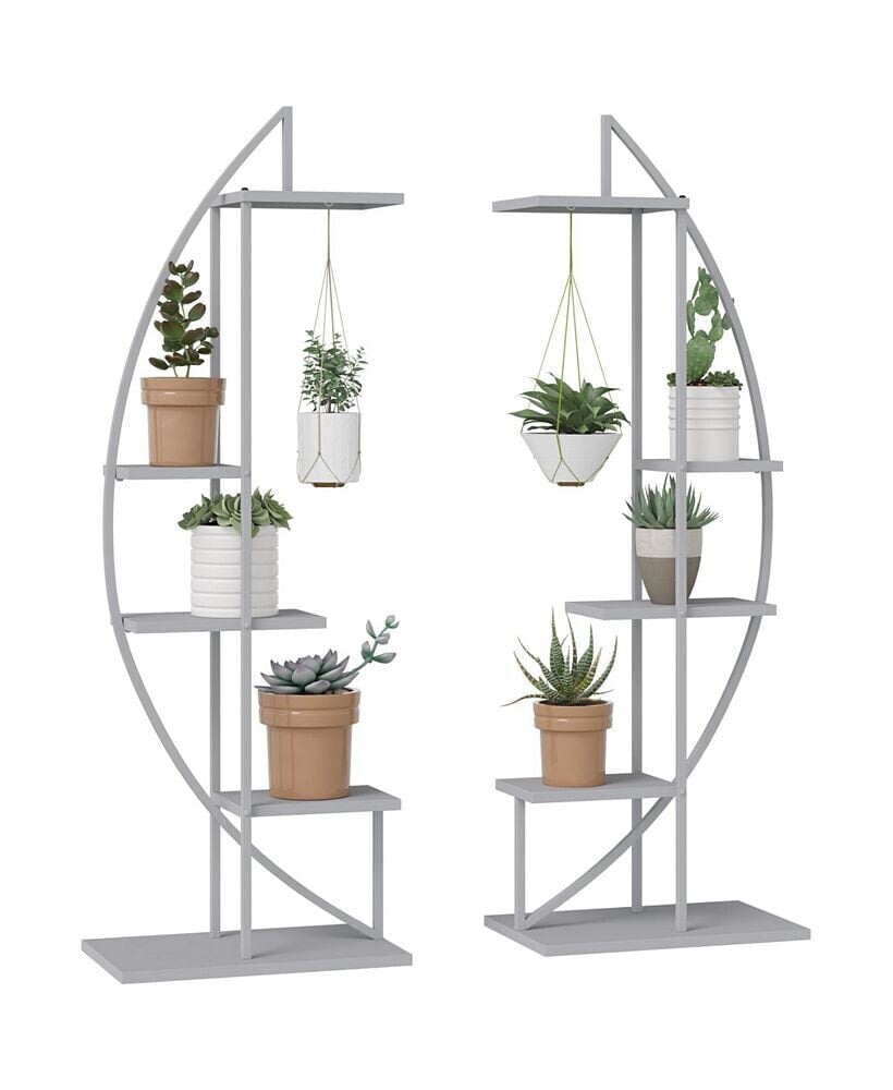 Outsunny 5 Tier Metal Plant Stand Half Moon Shape Ladder Flower Pot Holder Shelf for Indoor Outdoor Patio Lawn Garden Balcony Decor, 2 Pack, Grey