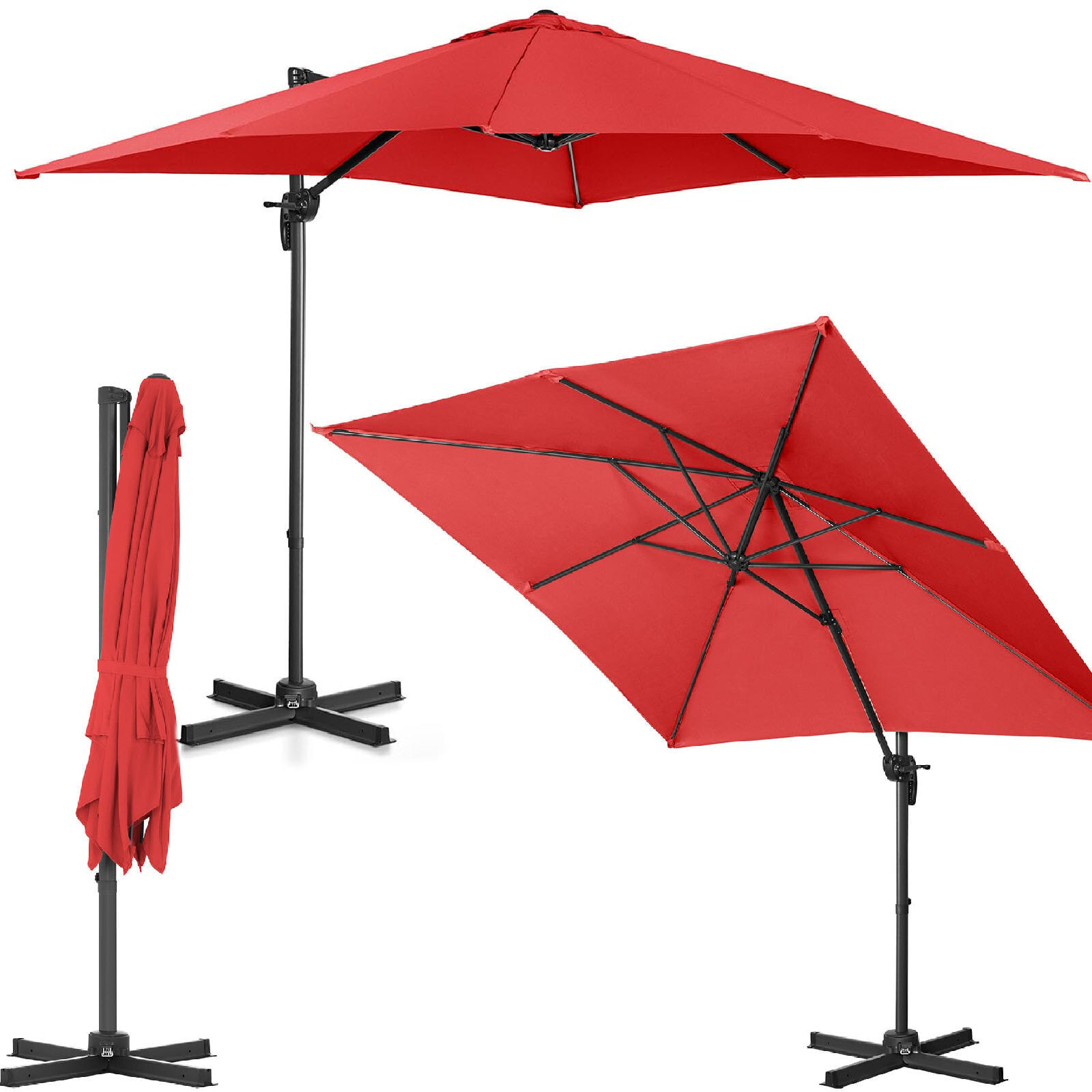 Side garden umbrella with square extension arm 250 x 250 cm red