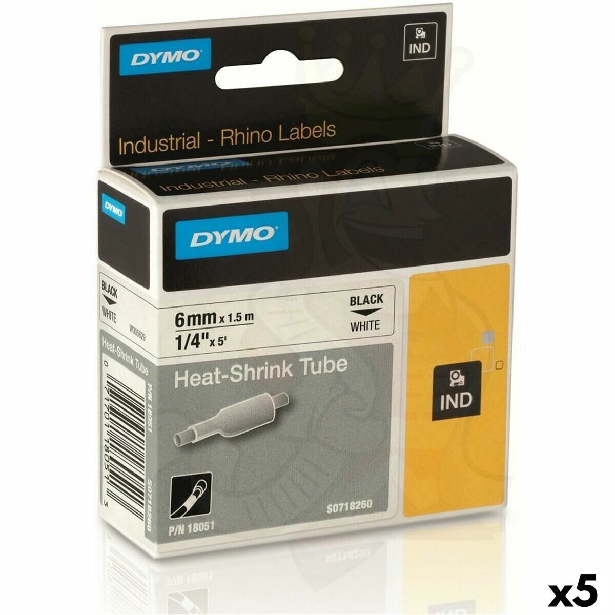 Laminated Tape for Labelling Machines Rhino Dymo ID1-6 Yellow Black 6 x 1,5 mm (5 Units)