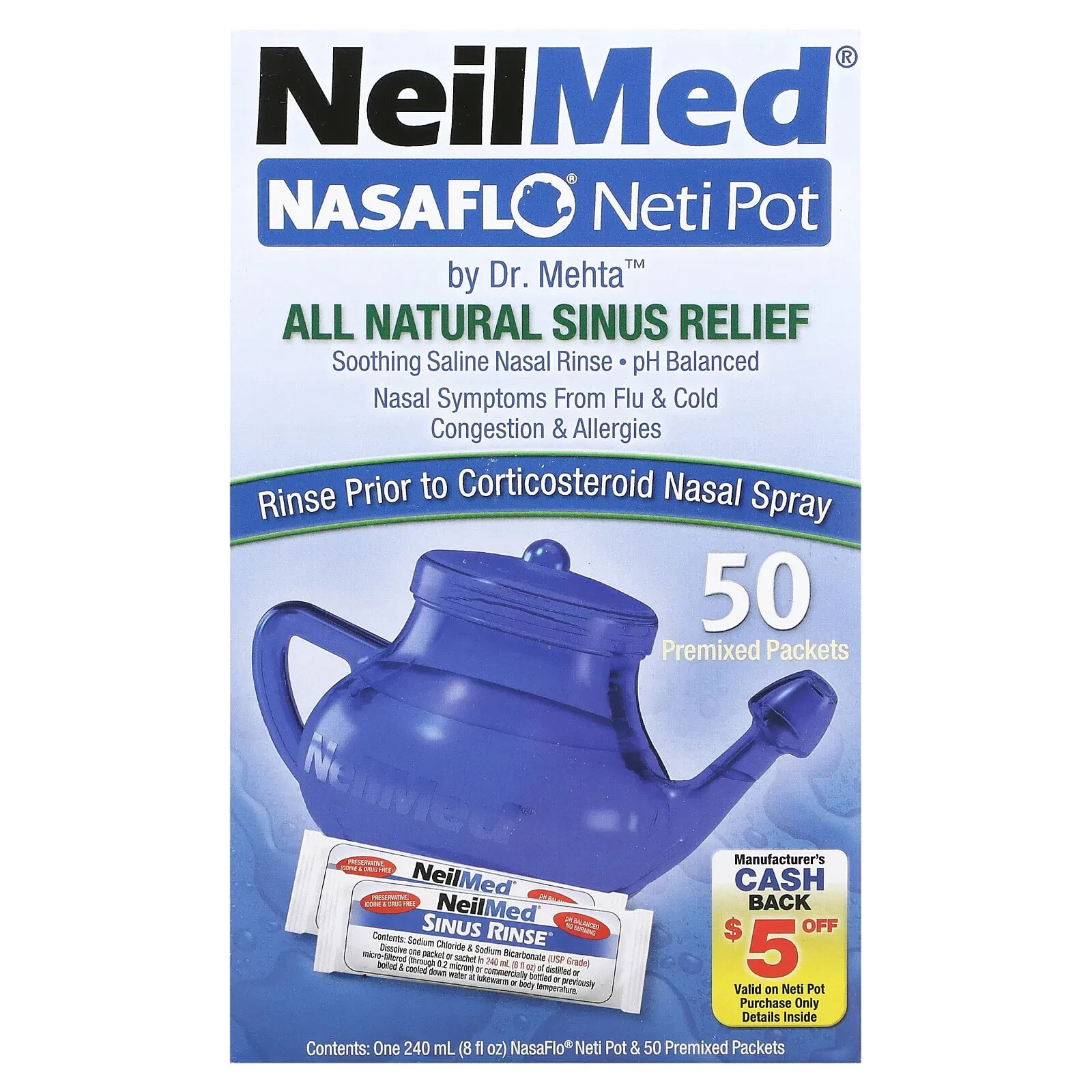 NeilMed, NasaFlo, Neti, 1 чайник для полоскания носа и 50 пакетиков с порошком (Товар снят с продажи) 