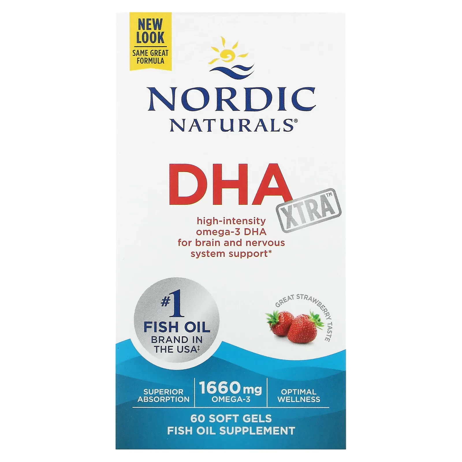 Нордик Натуралс, DHA Xtra, клубничный вкус, 830 мг, 60 мягких таблеток