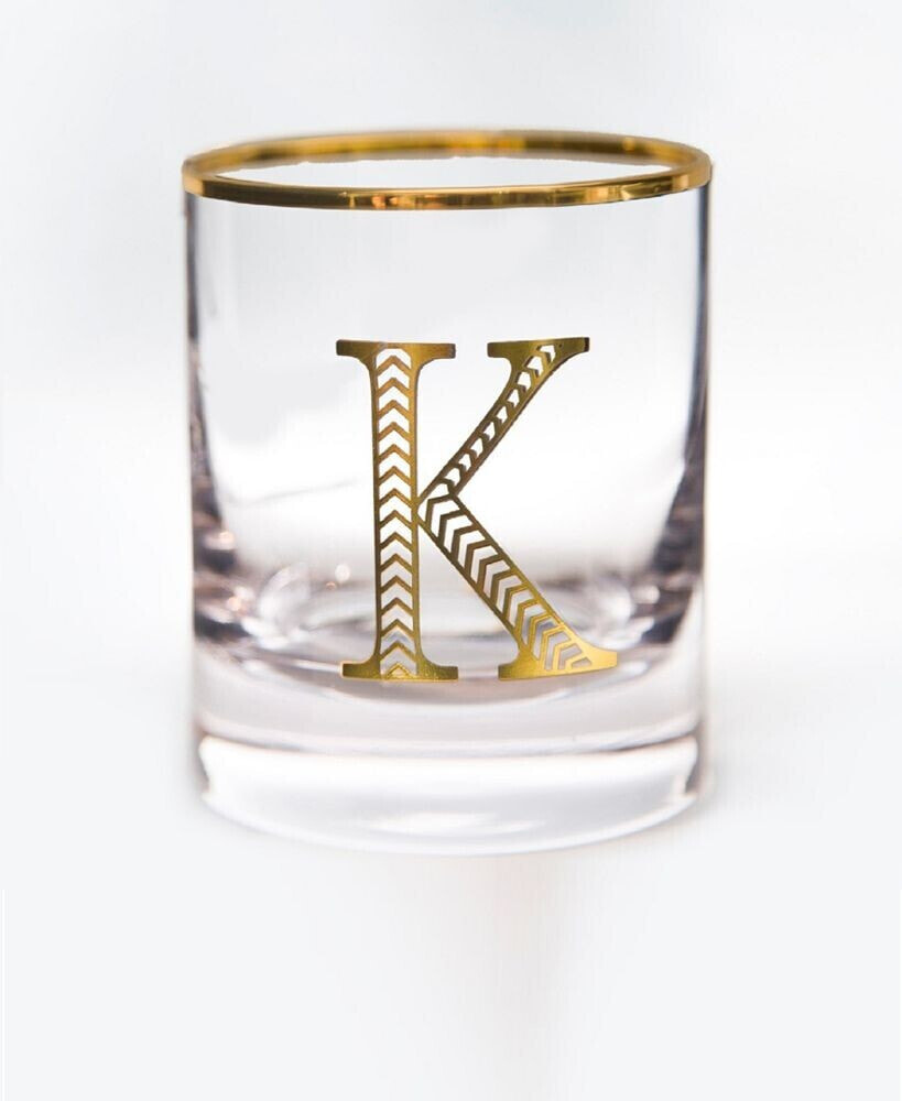 Qualia Glass monogram Rim and Letter K Double Old Fashioned Glasses, Set Of 4