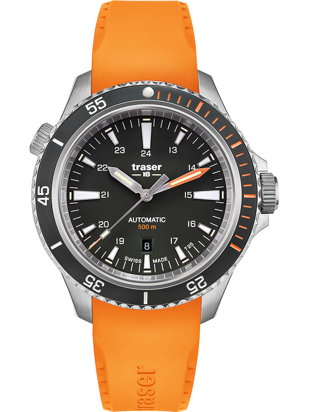 Мужские наручные часы с оранжевым силиконовым ремешком Traser H3 110323 P67 Diver Automatik Black 46mm 50ATM