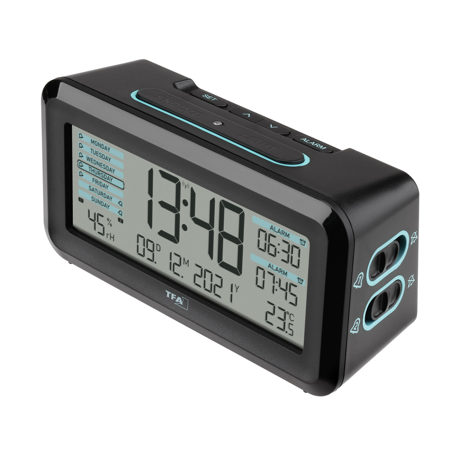 TFA Boxx2 - Digital alarm clock - Rectangle - Black - Plastic - 12/24h - 0 - 50 °C