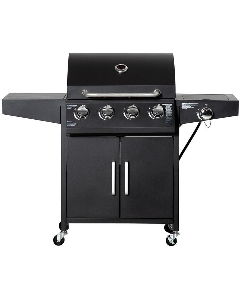 Outsunny 4+1 Burner Liquid Propane Gas Grill Outdoor Cabinet Style BBQ Trolley w/ Side Burner, Warming Rack, Side Shelf, Storage Cabinet, Thermometer, 4 Wheels, Carbon Steel, Black