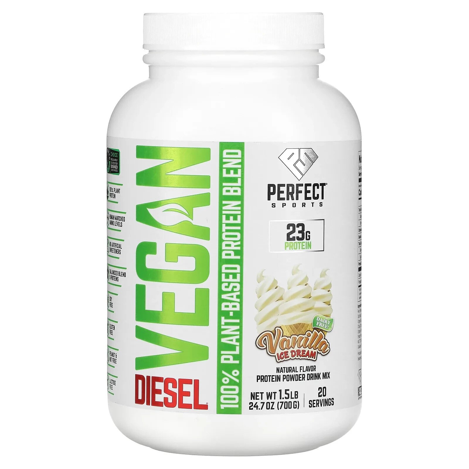 Perfect Sports, Vegan Diesel, смесь 100% растительных белков, ванильное мороженое, 700 г (1,5 фунта)