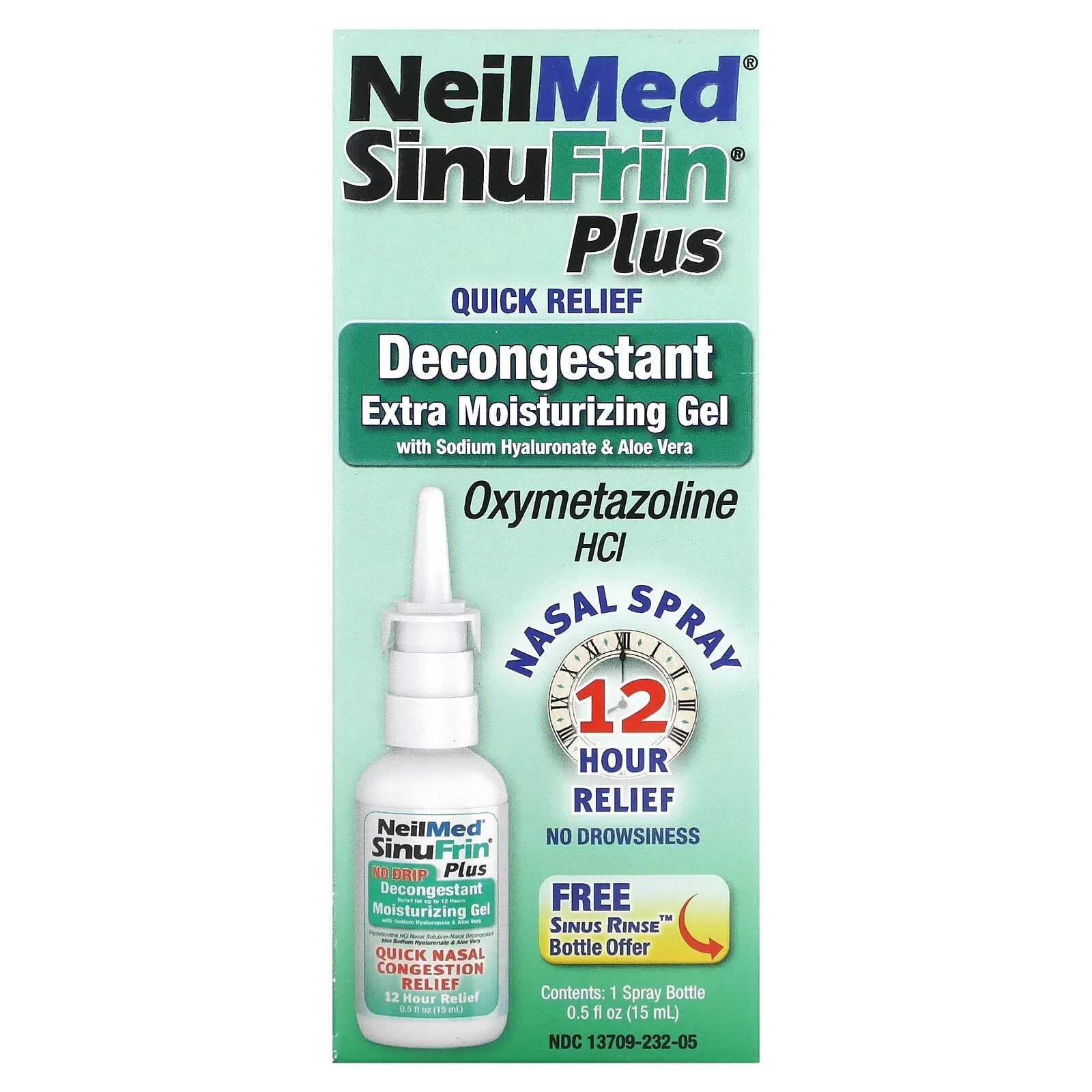 NeilMed, SinuFrin Plus, противоотечный спрей для носа, экстраувлажняющий гель, 15 мл (0,5 жидк. Унции)
