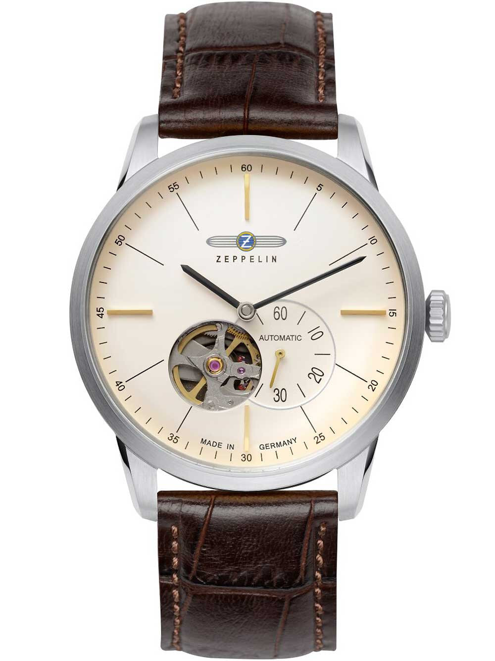 Мужские наручные часы с кожаным коричневым ремешком Zeppelin 7364-5 flatline automatic Open Heart 40mm 5ATM